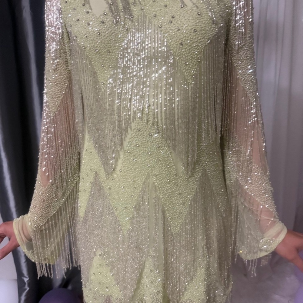 Rachel Gilbert Sequin Long Sleeve Dress in Cream and Silver - Picture 5 of 12